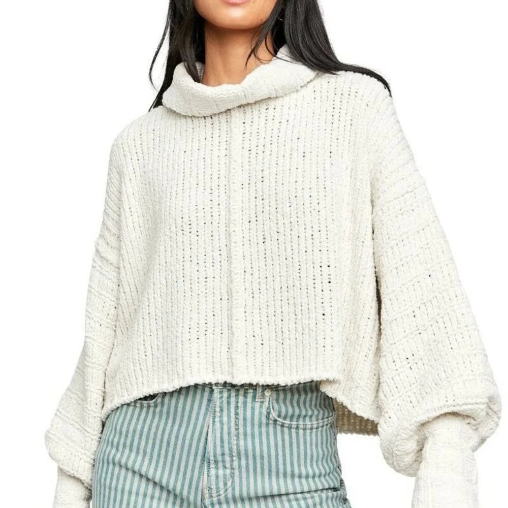 Free People Cream Cropped Cowl Neck Sweater